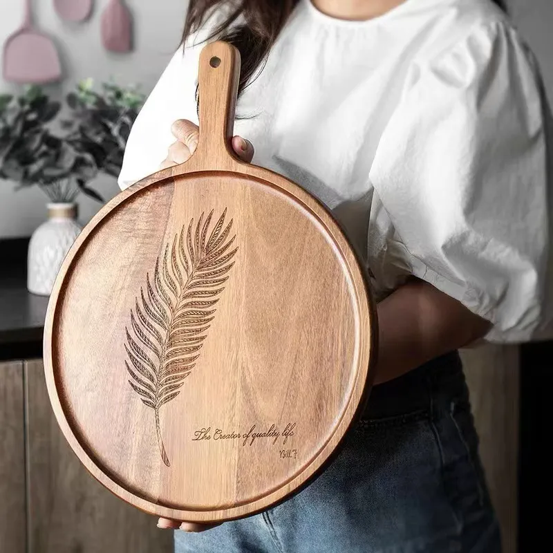 Bandeja redonda personalizada vendedora caliente de la porci&oacute;n de madera de acacia con manija 