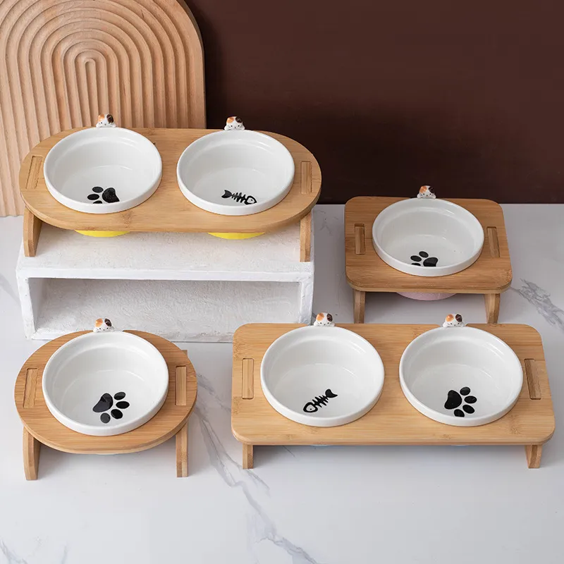 Taz&oacute;n de cer&aacute;mica para mascotas sin derrames con soporte de madera Taz&oacute;n doble de cer&aacute;mica para mascotas para perro gato 
