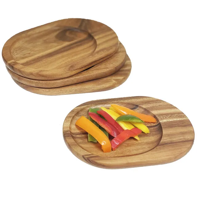 Juego de platos llanos artesanales de madera de acacia para mesas modernas 