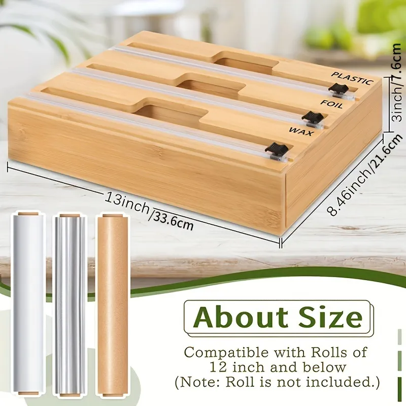 Caja de almacenamiento y cortador de envoltorios para alimentos de bamb&uacute; y madera 