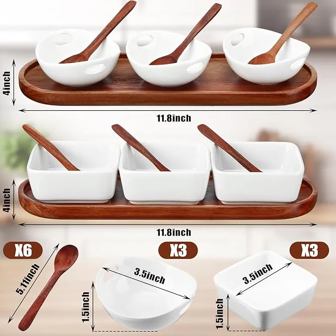 Bandeja de madera de acacia con 3 cuencos de cer&aacute;mica y platos para salsa cuadrados 