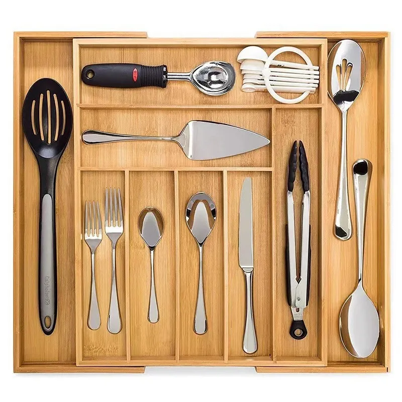 Organizador extensible del divisor del cajón de la bandeja de los cubiertos de bambú