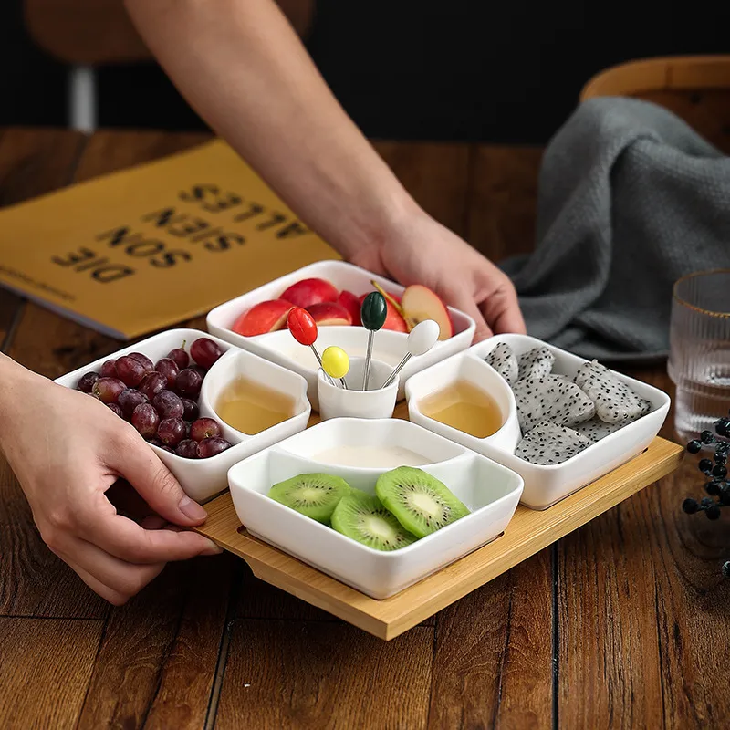 Frutero de cer&aacute;mica multirejilla con bandeja de madera de bamb&uacute; para vajilla del hogar 
