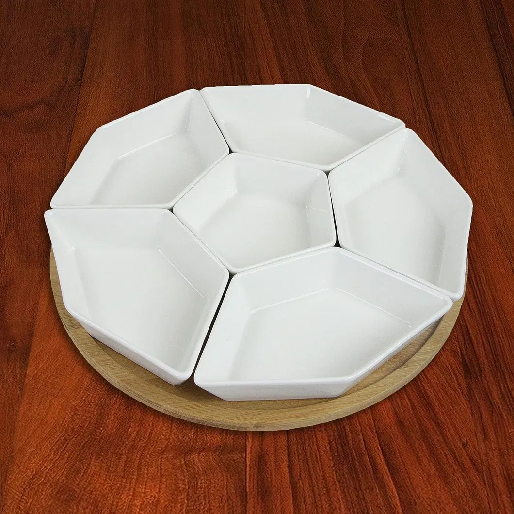 Juego de aperitivos y condimentos de cer&aacute;mica blanca de 6 compartimentos con bandeja de bamb&uacute; 