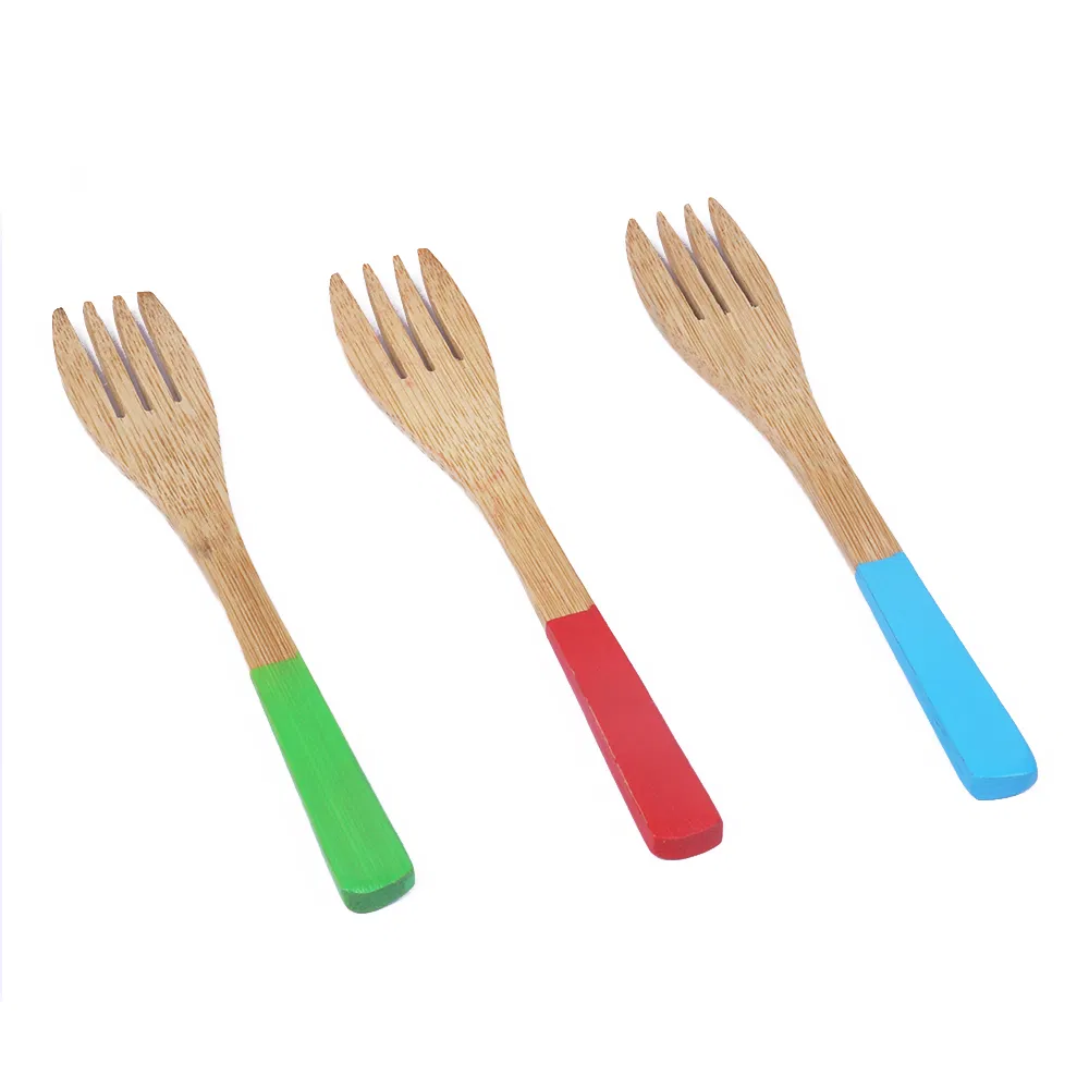 Tenedor de bamb&uacute; para acampar para beb&eacute;s con mango de colores 