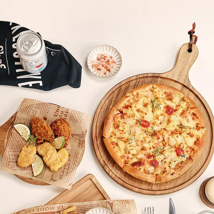 Bandeja redonda de madera para servir pizza, juego de 3 con asa 