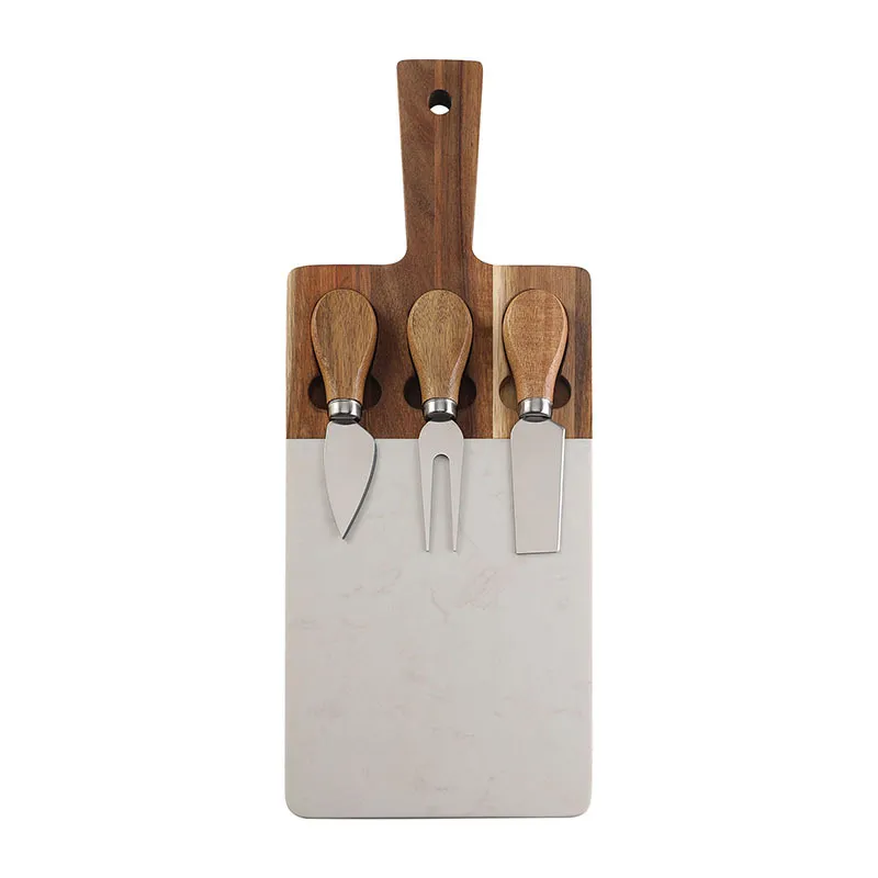 Tabla para servir de madera de m&aacute;rmol y acacia con juego de cuchillos para queso y mango