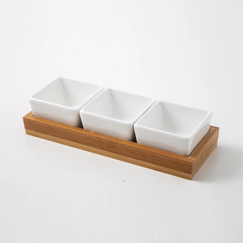 3 bandejas rectangulares divididas de bamb&uacute; para servir con platos de cer&aacute;mica para refrigerios/salsa 