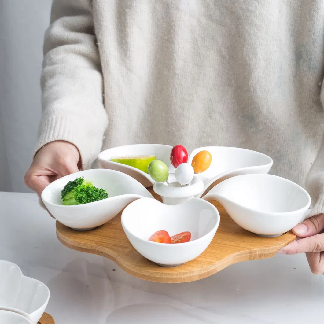 Ensaladera de cer&aacute;mica de 5 rejillas y plato para salsa con bandeja de bamb&uacute; para servir el t&eacute; de la tarde, frutas, postres y nueces 