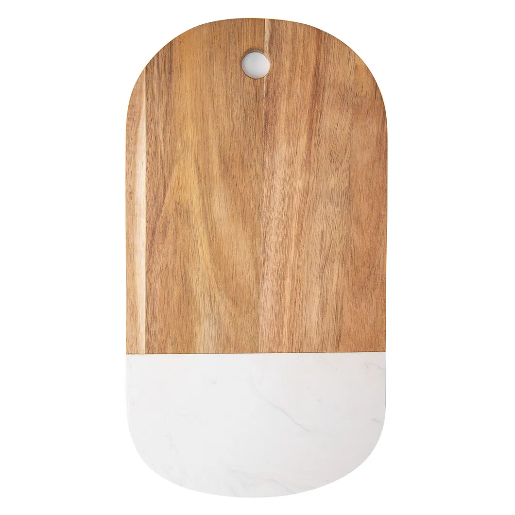 Tabla de cortar de madera y m&aacute;rmol blanco moderno con forma ovalada