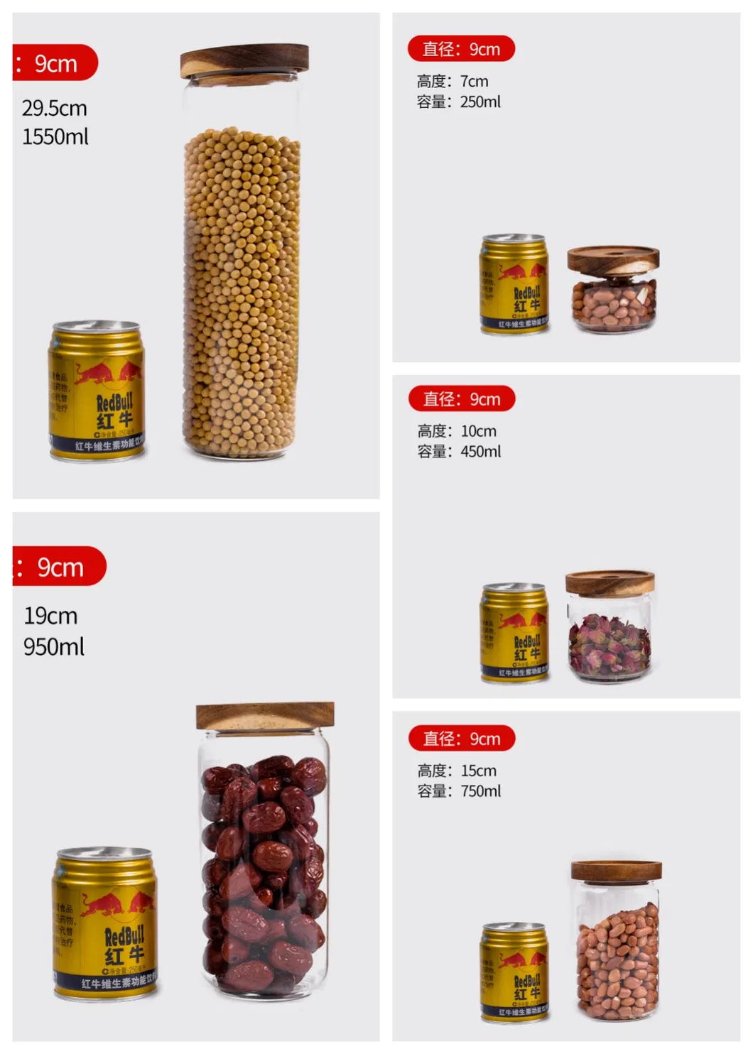Frascos de vidrio con tapa de madera Contenedores de almacenamiento de alimentos 