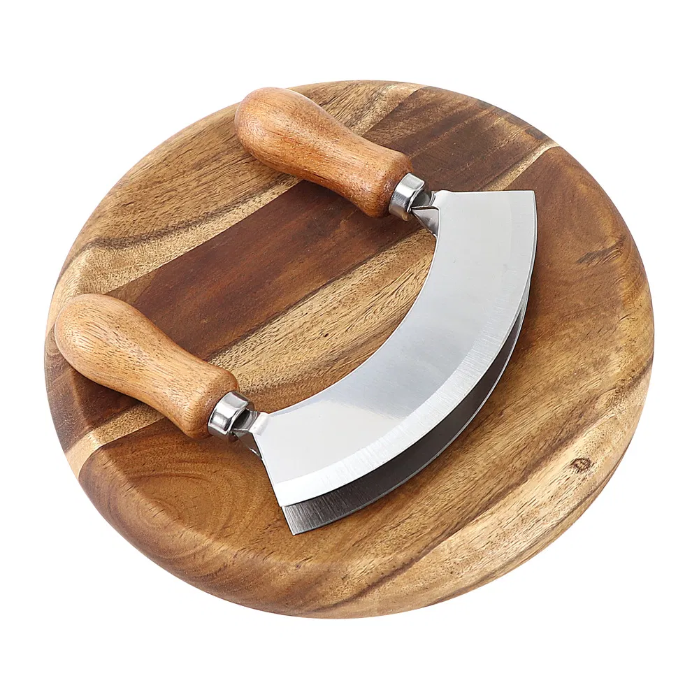 Tabla de cortar redonda de madera con picadora de hierbas Mezzaluna de acero inoxidable de doble hoja 