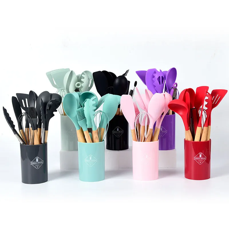 pinzas giratorias resistentes al calor, esp&aacute;tula, cuchara, cepillo, batidor, utensilios de cocina de silicona, juego de utensilios de cocina con mango de madera