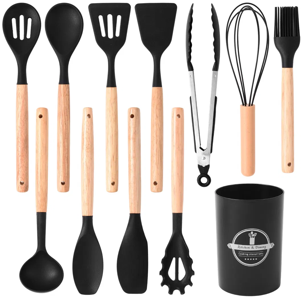utensilios de cocina con mangos de madera Juego de 12 piezas de accesorios de cocina de silicona, herramientas de cocina, utensilios de cocina con mangos de madera Juego