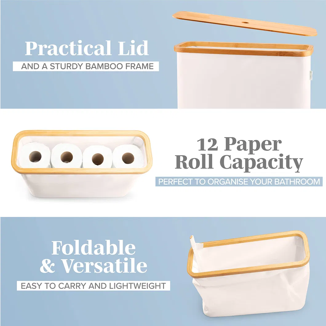 Almacenamiento de papel higi&eacute;nico elegante color beige para 12 rollos con tapa de bamb&uacute; 
