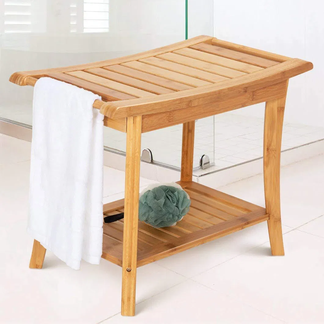 Taburete de ba&ntilde;o de bamb&uacute; engrosado con funci&oacute;n para colgar toallas 