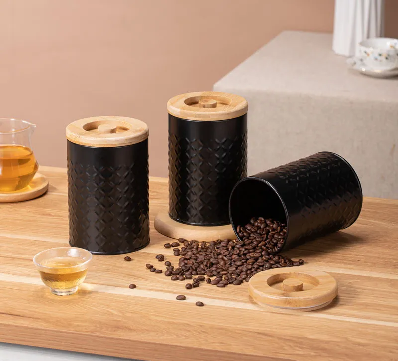 Juegos de botes de metal negro para almacenamiento de az&uacute;car, t&eacute; y caf&eacute; 