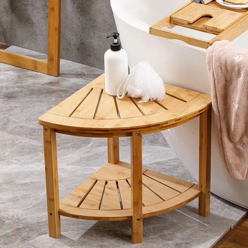 Taburete de almacenamiento de esquina de madera en forma de abanico, taburete de esquina de baño de bambú,