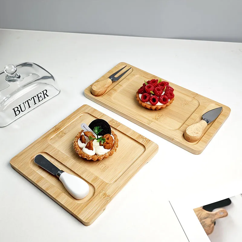 Fabricación de plato de mantequilla rectangular de bambú con tapa de vidrio y cuchillos para queso