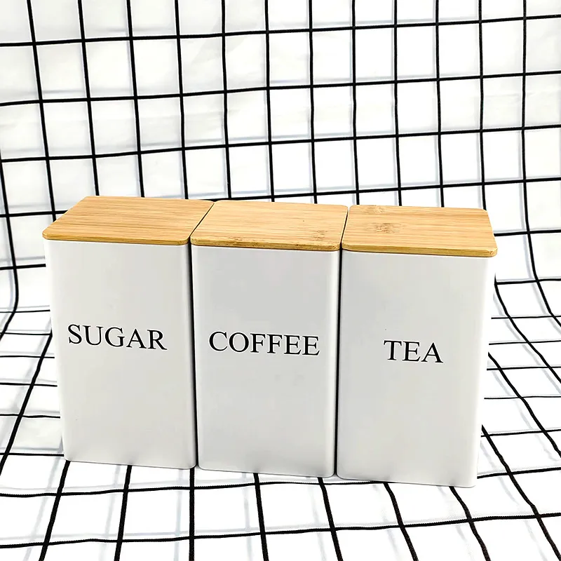 Juego de 3 botes de metal de dise&ntilde;o vintage con tapa de bamb&uacute; para caf&eacute; t&eacute; az&uacute;car