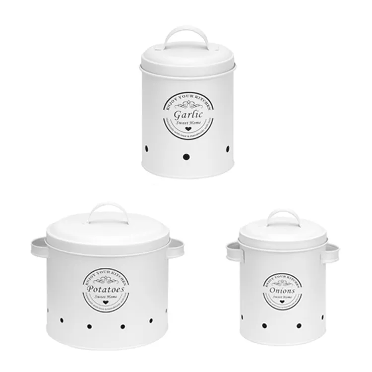 Venta al por mayor Botes de almacenamiento de cocina de cebolla y papa de metal blanco, juego de 3