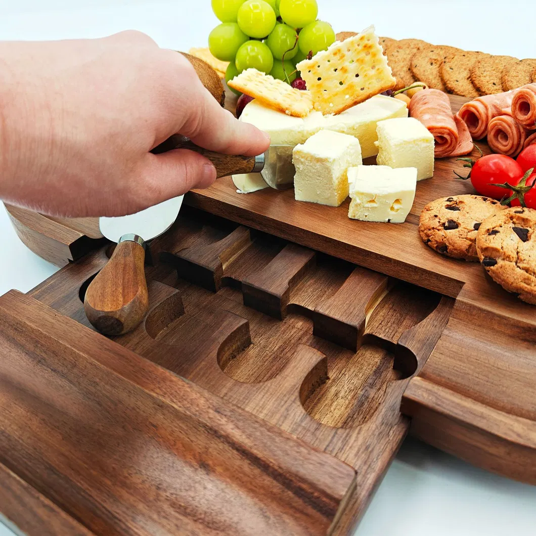 Tabla de quesos de madera de acacia de lujo vendedora caliente con el caj&oacute;n y juego de cuchillos