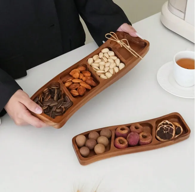 dividido hecho a mano, juego de platos de frutas secas Plato para servir sushi de madera de acacia dividido hecho a mano, juego de platos de frutas secas Juego de platos 