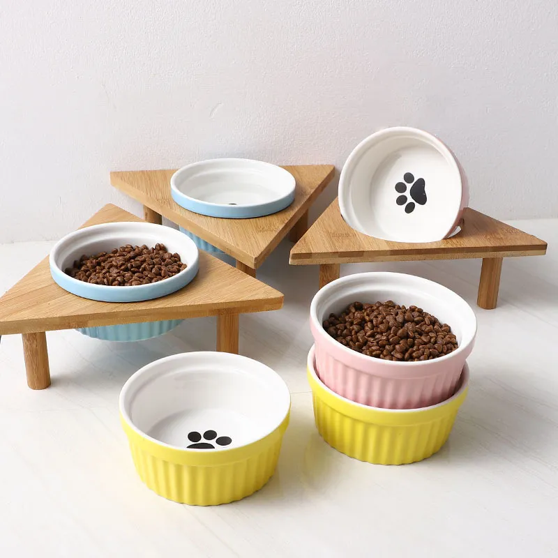 Taz&oacute;n de comida para mascotas de cer&aacute;mica antiderrames con soporte de bamb&uacute; para perros y gatos 