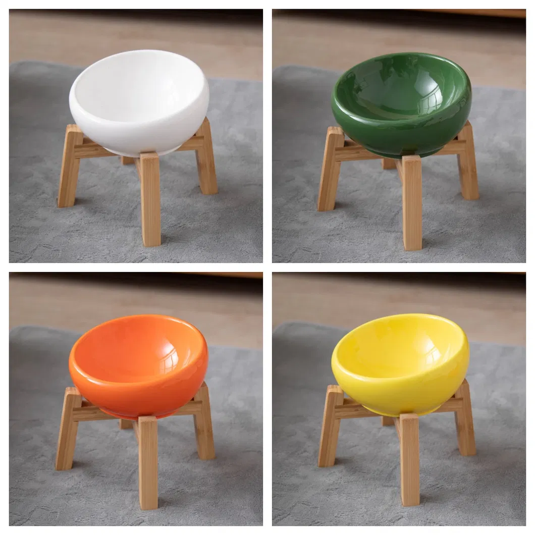 Cuencos de agua de cer&aacute;mica creativos para mascotas, cuenco de comida con base de bamb&uacute; resistente 
