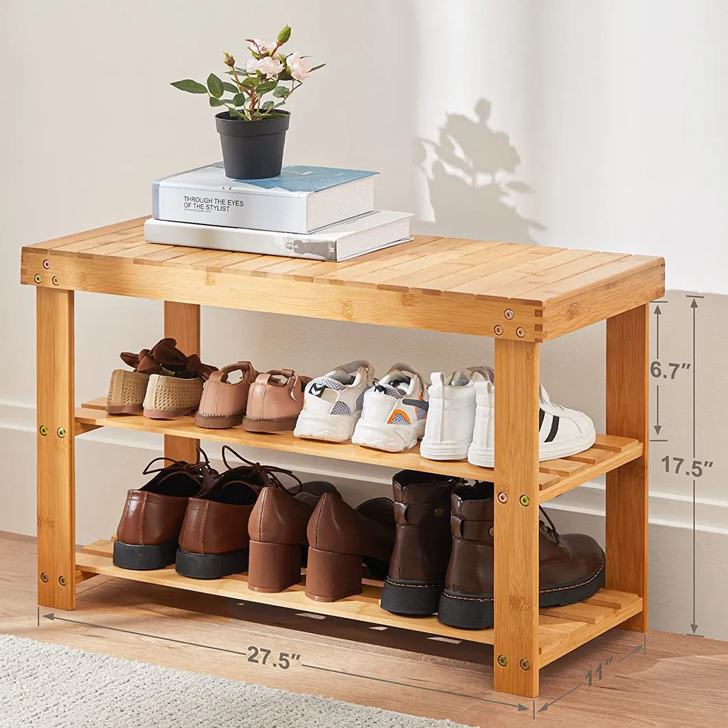 Zapatero de bamb&uacute; resistente de 3 niveles, banco de madera para entrada, dormitorio, sala de estar, balc&oacute;n