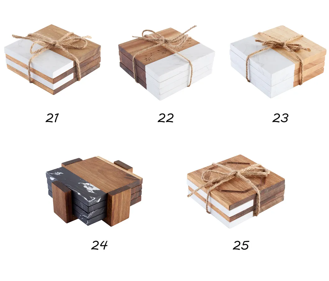 Juego de posavasos cuadrados de mármol y madera de acacia resistentes al calor, formas mixtas redondas/cuadradas/irregulares