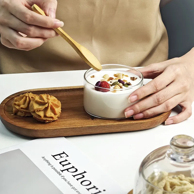 Bandeja de madera de acacia con cuenco de cristal para postres pudin snacks 