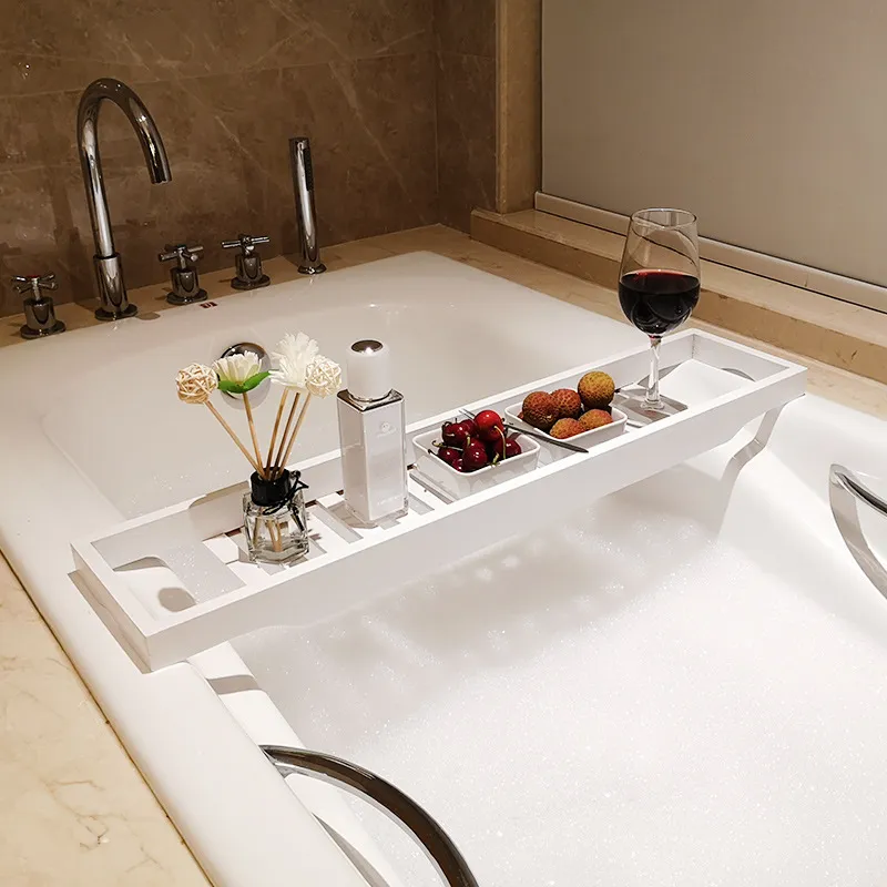 Mesa con bandeja para ba&ntilde;era de bamb&uacute; de color blanco para ba&ntilde;o 