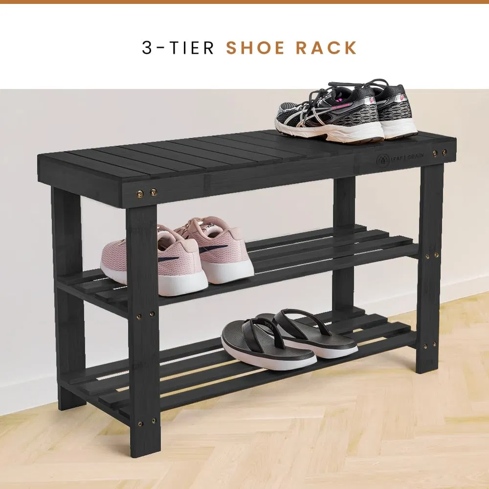 de madera del banco de almacenamiento del zapato de bamb&uacute; del color negro