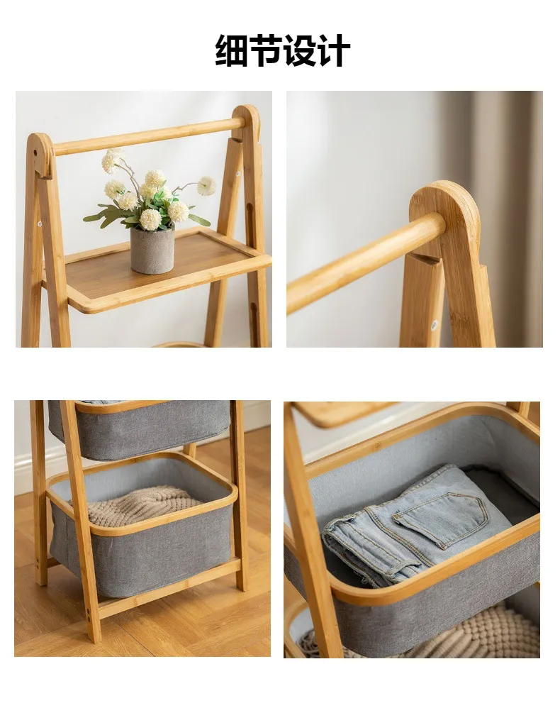 de almacenamiento de tela y bamb&uacute; de triple capa Estante de almacenamiento Cesta de lavander&iacute;a para ba&ntilde;o