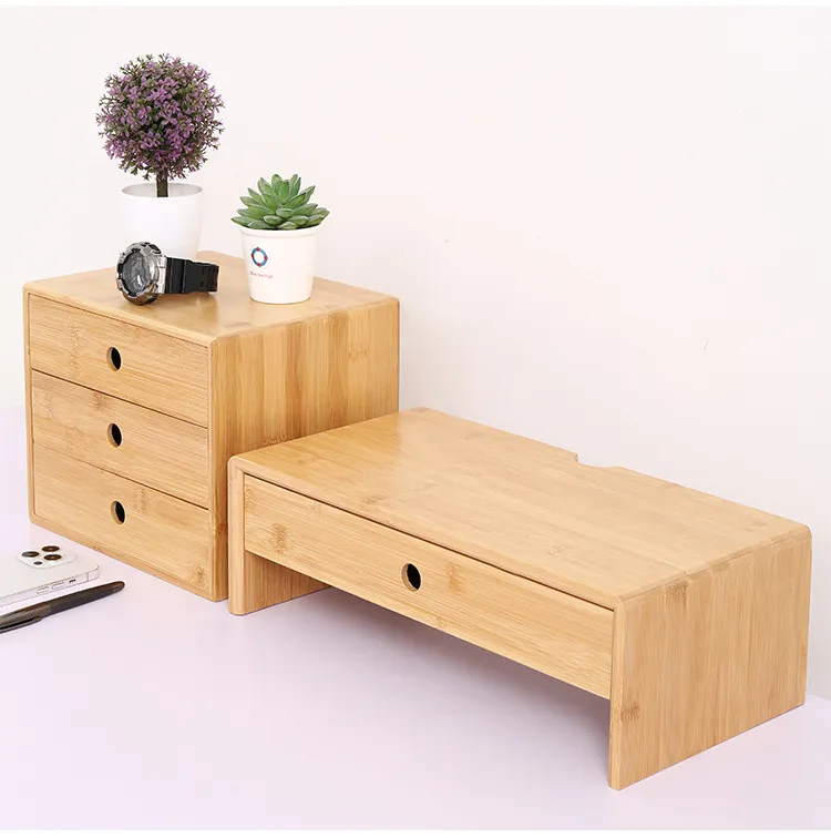 Soporte de bamb&uacute; para monitor de computadora con cajones organizadores de almacenamiento 