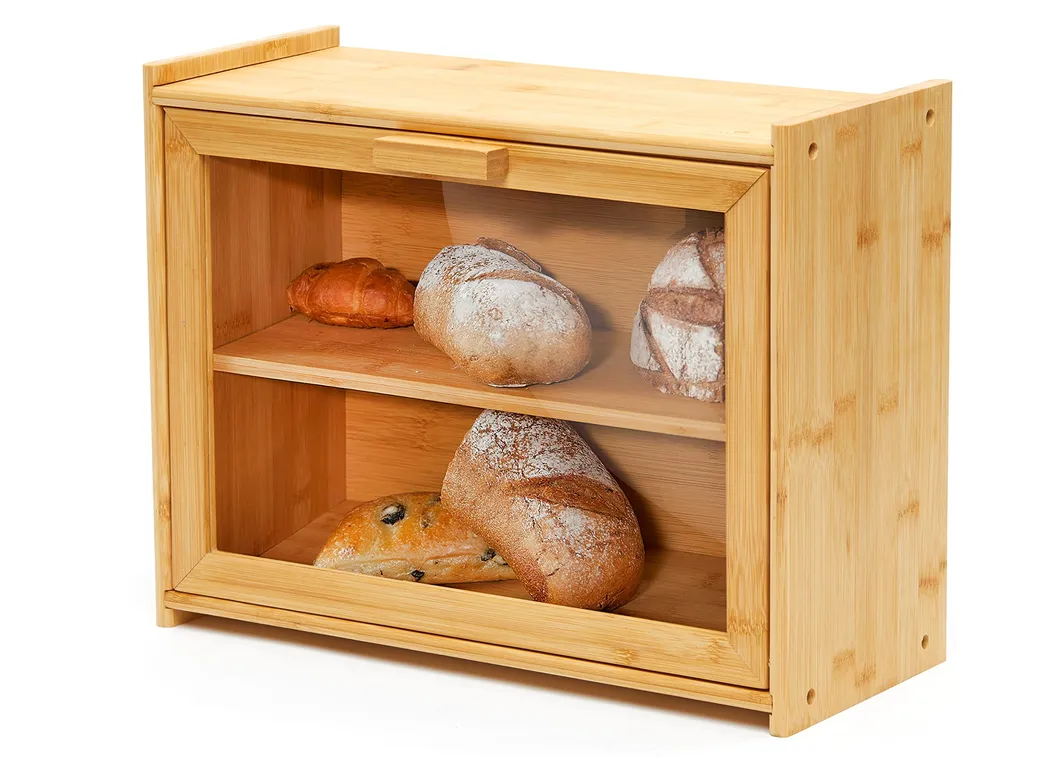 Caja rectangular transparente para almacenaje de pan y reposter&iacute;a de bamb&uacute; para snacks 