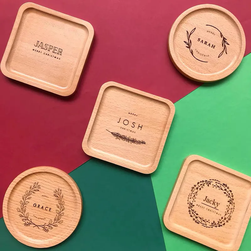 Posavasos de madera de haya cuadrados y redondos grabados personalizados para regalos personales