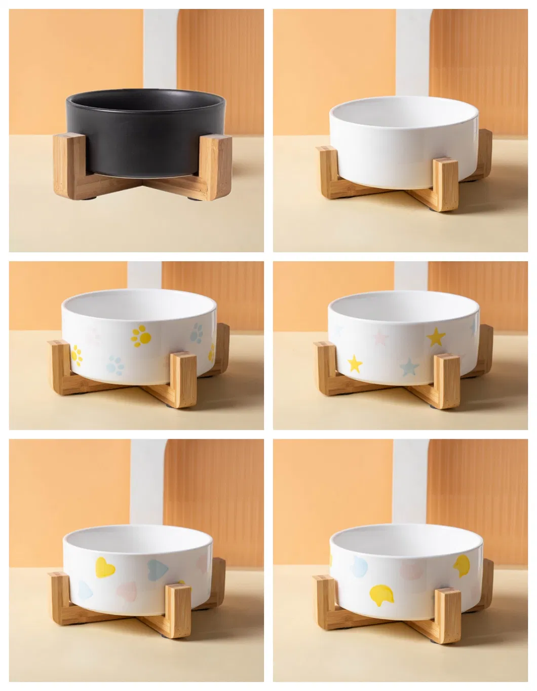 Tazón de comida para mascotas de cerámica redondo de diseño personalizado con base de madera