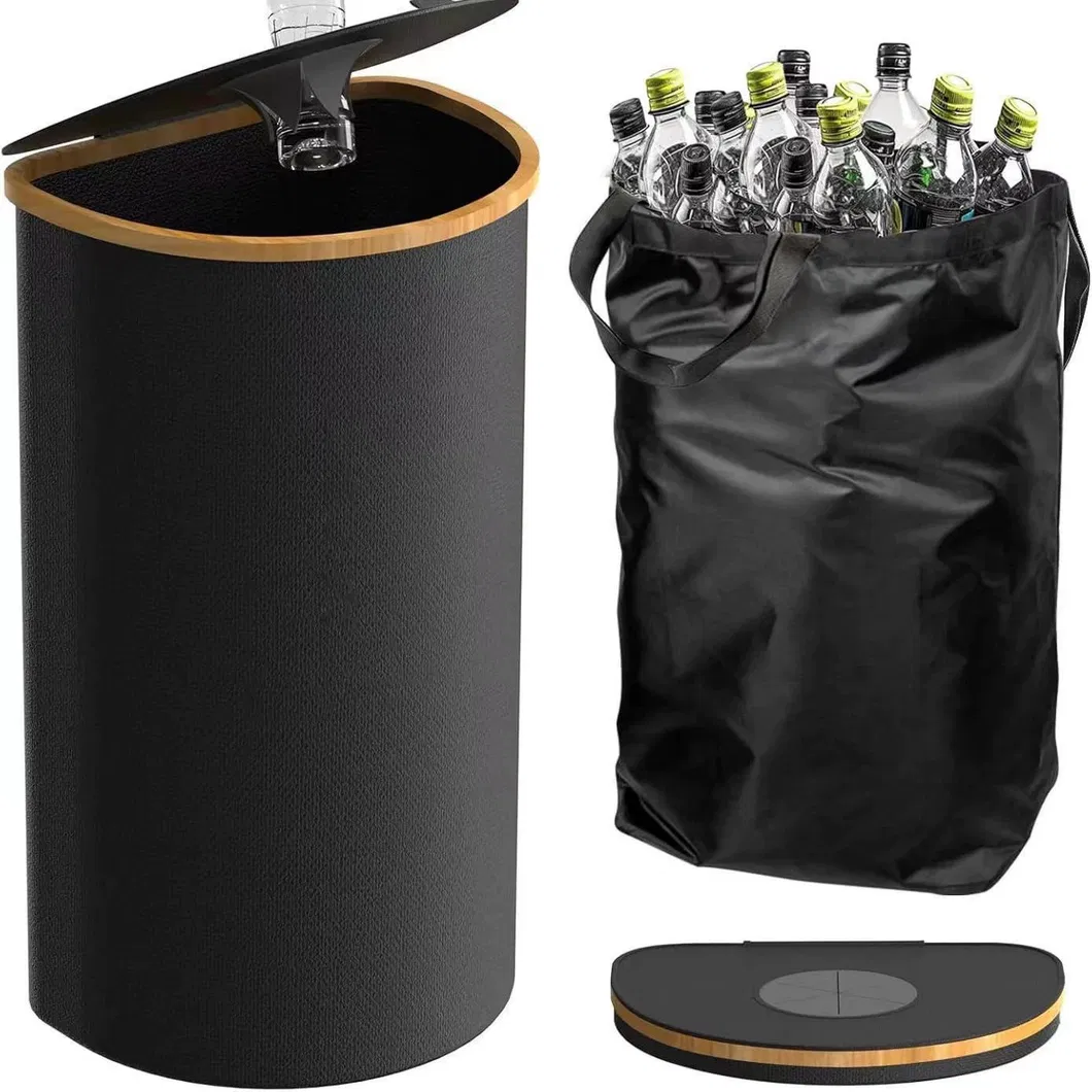 D - Organizador de botellas de almacenamiento de tela plegable en forma de D y cesta de lavander&iacute;a con marco de bamb&uacute; 