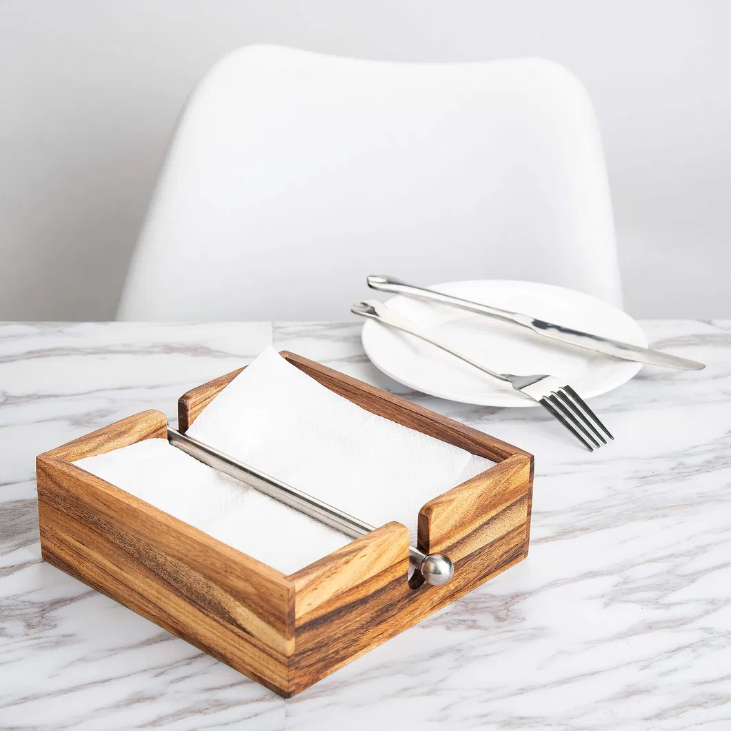 Servilletero de madera de acacia con barra central de acero inoxidable con peso 