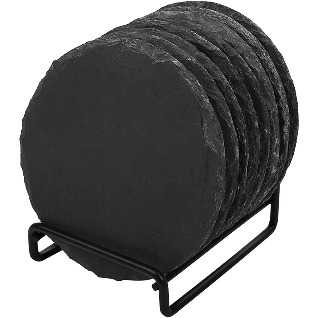 Posavasos de pizarra negra con forma redonda grabada personalizada y soporte de metal 