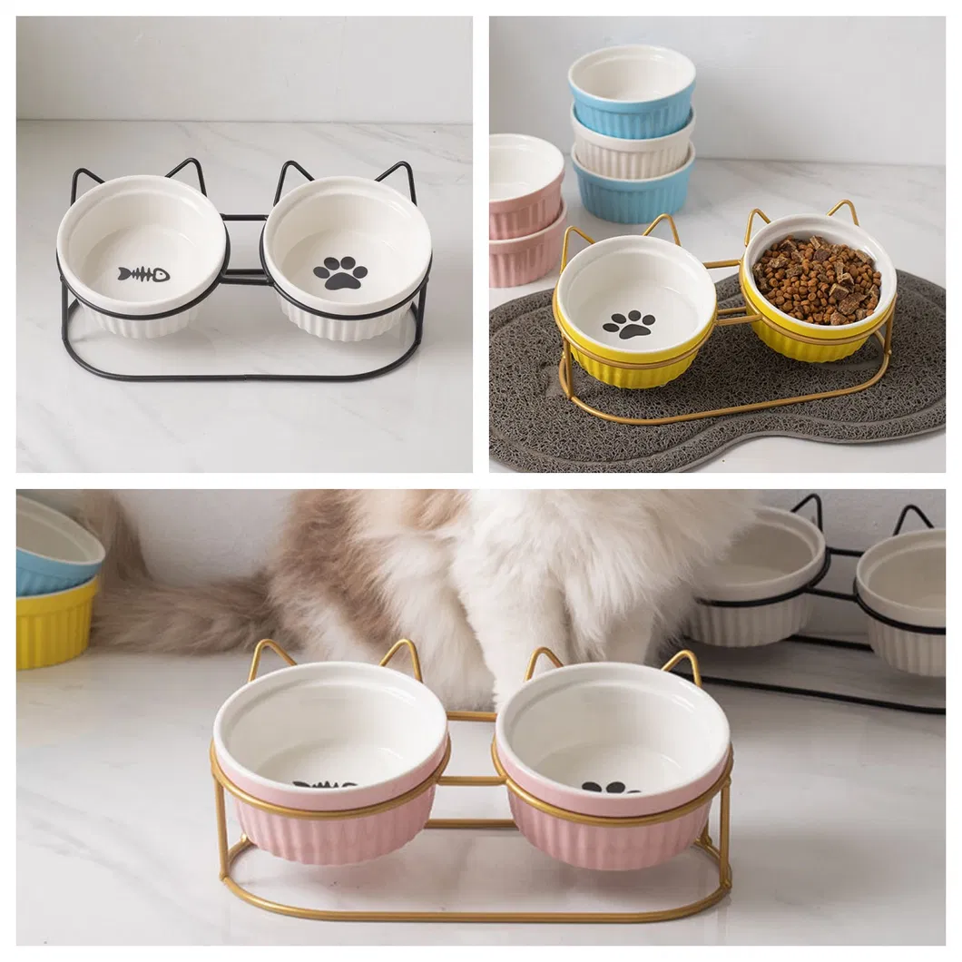 Cuenco de cer&aacute;mica para gatos, cuencos para perros con estante de metal en forma de gato 