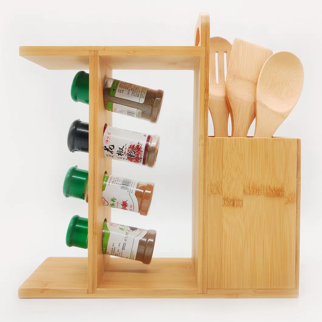 Organizador de cubiertos de bamb&uacute;, soporte para utensilios con estante para especias y juego de utensilios de 3 piezas 