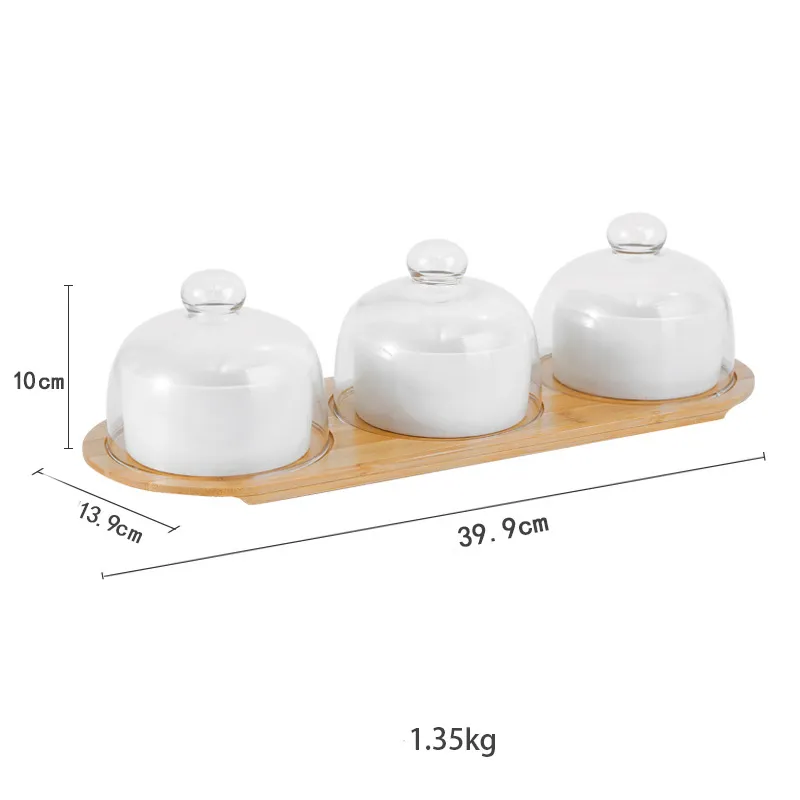 Tazón de servicio más vendido con bandeja de madera y tapa de vidrio tipo cúpula para refrigerios de frutas Tazón de postre de cerámica