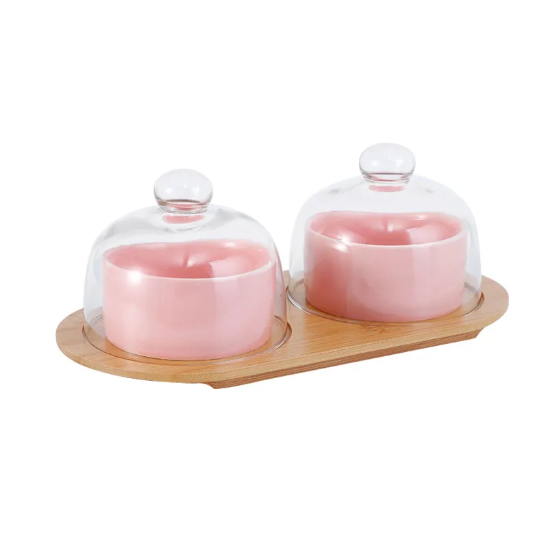 Fuente de bamb&uacute; con tapas de vidrio y tazones de cer&aacute;mica para refrigerios, dulces, frutas y nueces 