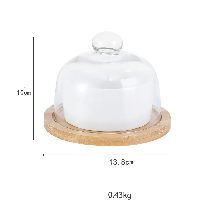 Mini soporte redondo para pasteles de madera de bambú con cúpula de vidrio y cuencos de cerámica para pasteles y platos de queso