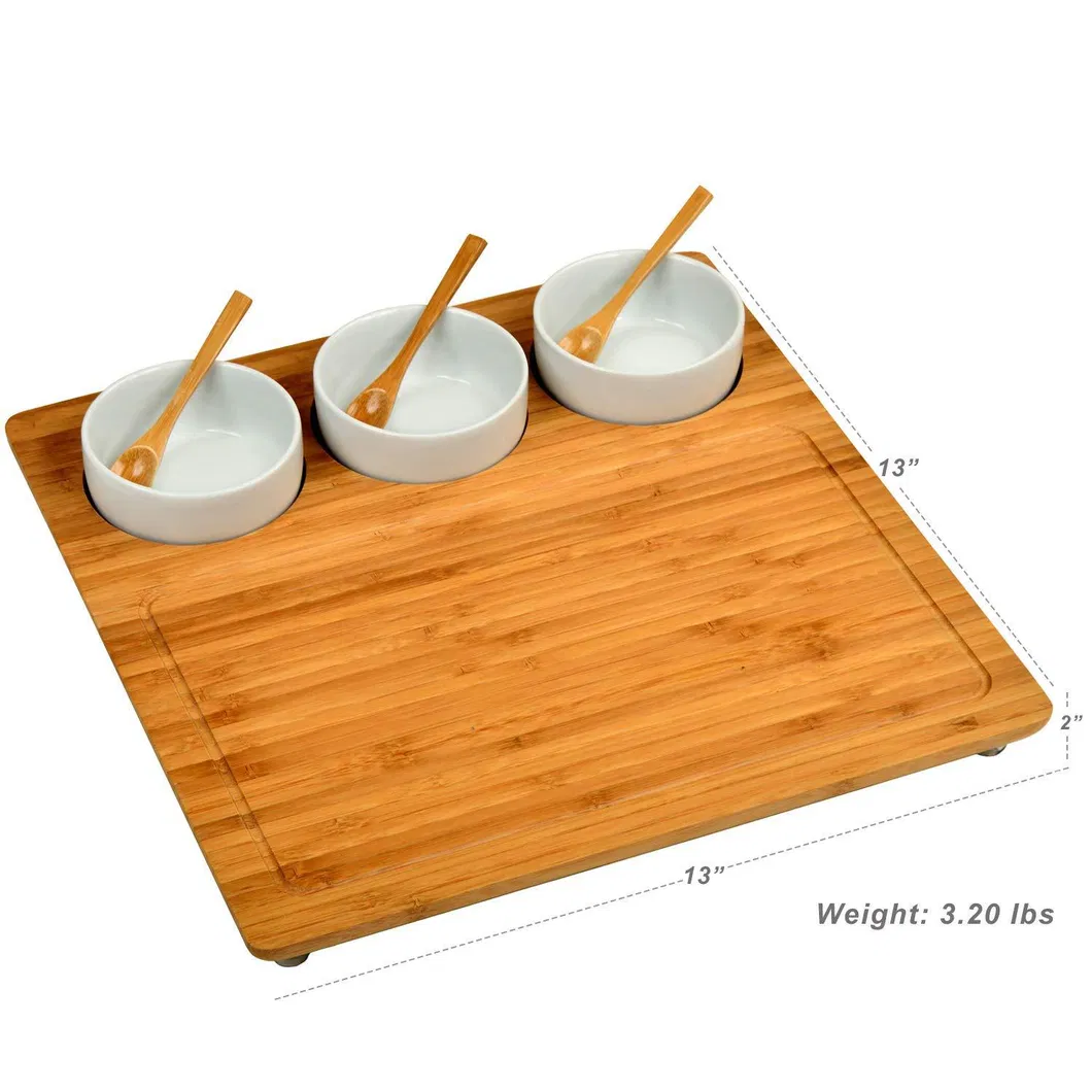Bandeja redonda para servir de madera de acacia Lazy Susan de 12 pulgadas con 4 tazones de cer&aacute;mica divididos