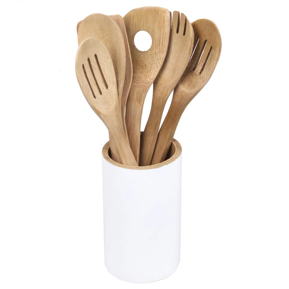 Juego de utensilios de cocina de madera de bamb&uacute; ecol&oacute;gico con soporte redondo 