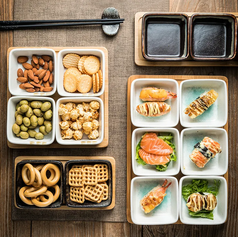 Bandeja de bamb&uacute; para servir con 6 compartimentos, platos de cer&aacute;mica para servir 
